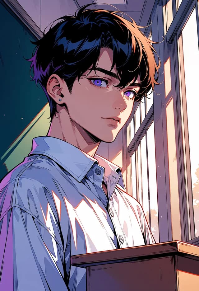 Manhua Generator — Ling Yan in close-up at the lectern, violet eyes