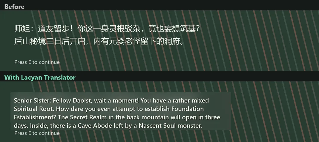 Lacyan Translator — Chinese xianxia dialogue before, English translation painted in place after